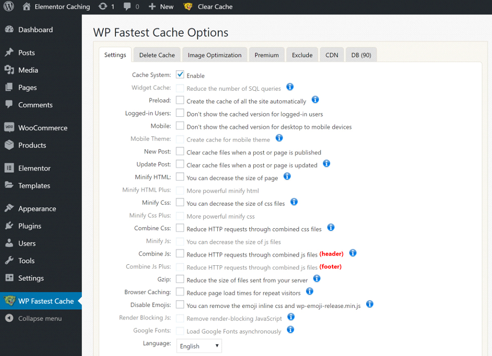 WP Fastest Cache Settings Page
